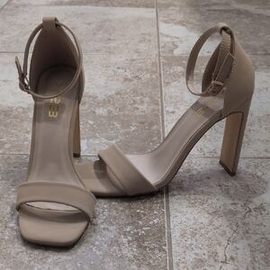 Tan Block Heel Heels with Ankle Strap